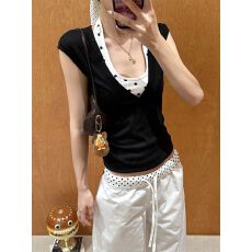 批发【210克40支精棉1*1】美式辣妹波点撞色吊带背心<b class='q'>女</b>短袖t恤夏上衣