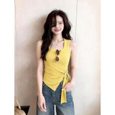 批发【210克40支精棉1*1】夏季多巴胺不规则绑带收腰吊带背心<b class='q'>女</b>上衣