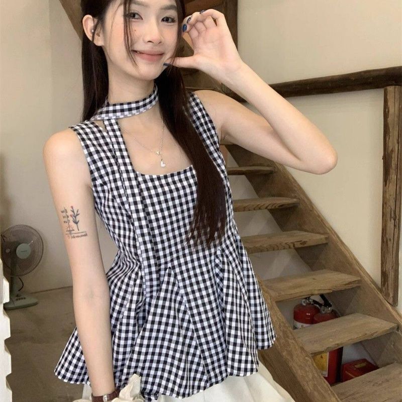 원본 체크무늬 원단 넥타이 지퍼 한 부서 체크무늬 광장 칼라 리본 민소매 셔츠 조끼 여성 여름 맨위