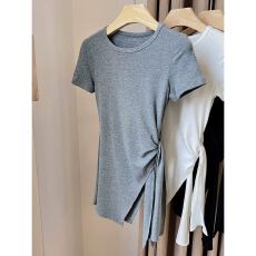 批发【官图 奥代尔精棉1*1罗纹】韩系<b class='q'>不规则</b>开叉系带灰色别致上衣女