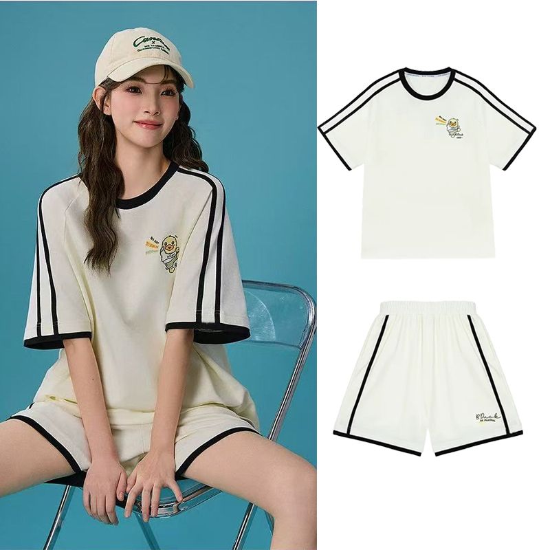 원본 솜씨 오리 새끼 만화 자수 루즈핏 귀여운 POLO 셔츠 반팔 반바지 세트 여성 투피스 세트 여름