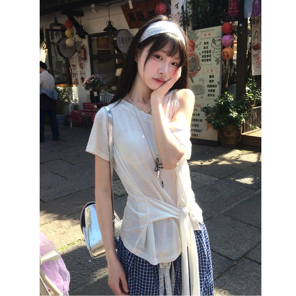 아메리칸 핫걸 비스듬한 어깨 반팔 여성 여름 새로운 티셔츠 자외선 차단 블라우스 루즈핏 오프숄더 맨위