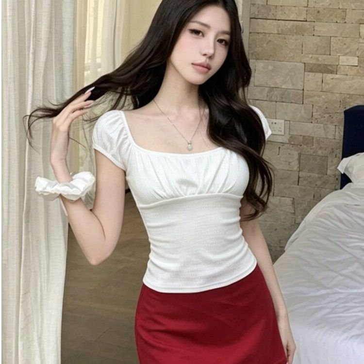 디자인 센스 주름 광장 칼라 수 있습니다. 오프숄더 반팔 티셔츠 여성 순수한 욕망 품격 몸매 가꾸기 슬림해 보이는 다용도 캐주얼 맨위