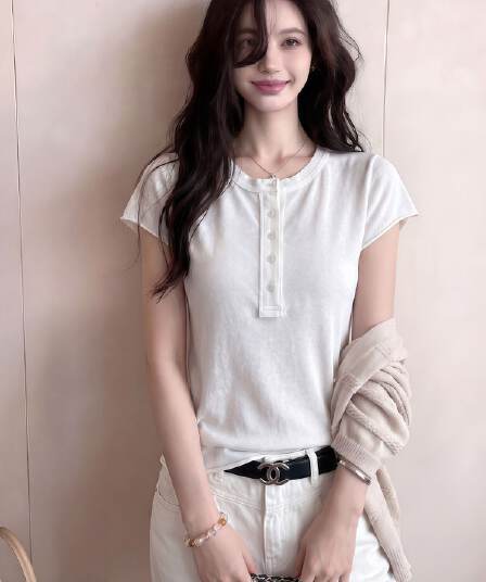 한 부서 화이트 반 개방 칼라 볼륨 측면 마이크로 ~을 통해 긍정적 인 어깨 반팔 티셔츠 여성 2026 여름 루즈핏 슬림해 보이는 라운드 넥 맨위