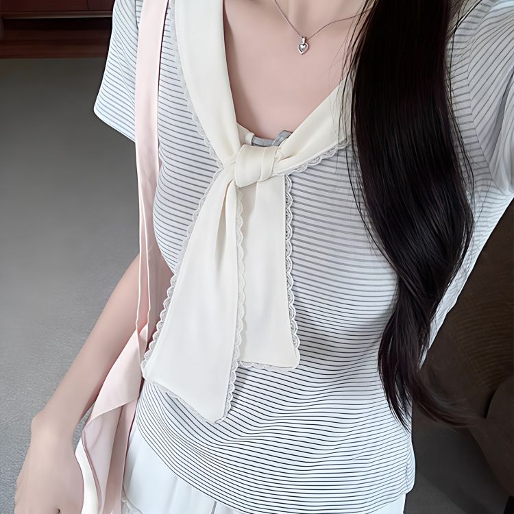 한 부서 페이크 레이어드 스트라이프 긍정적 인 어깨 반팔 티셔츠 여성 여름 작은 키 부드러운 몸매 가꾸기 슬림해 보이는 슈퍼 잘 생긴 맨위