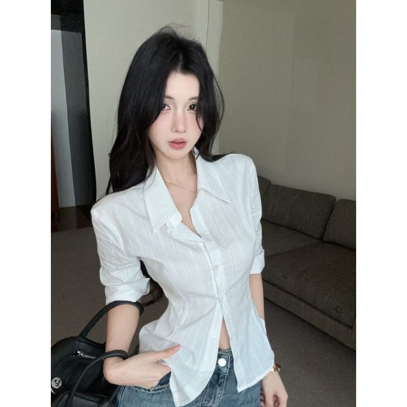 원본 자카드 원단 화이트 중간 소매 여성 셔츠 자매 부서 높음 지혜 센스 셔츠 몸매 가꾸기 허리 수축 맨위