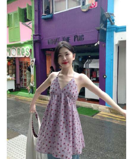 원본 원단 네리 휴가 바람 보라색 꽃무늬 여성 순수한 욕망 외출용 꼬집기 허리 몸매 가꾸기 민소매 맨위