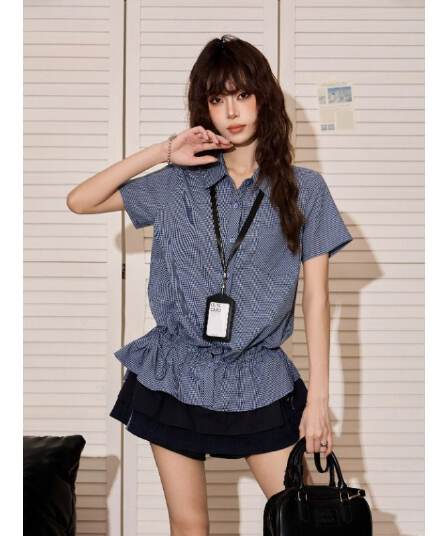 원본 체크무늬 원단 아메리칸 핫걸 파란색 체크무늬 긍정적 인 어깨 반팔 여성 셔츠 여름 몸매 가꾸기 허리 수축