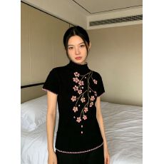 批发【210克40支精棉1*1】黑色<b class='q'>花朵</b>刺绣修身短袖<b class='q'>T</b><b class='q'>恤</b>女复古设计感上衣