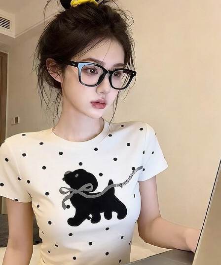 210 그램 40 좋은 면 1 1 한 부서 핫걸 달콤한 차가운 도트 무늬 강아지 자수 반팔 티셔츠 여성 여름 맨위