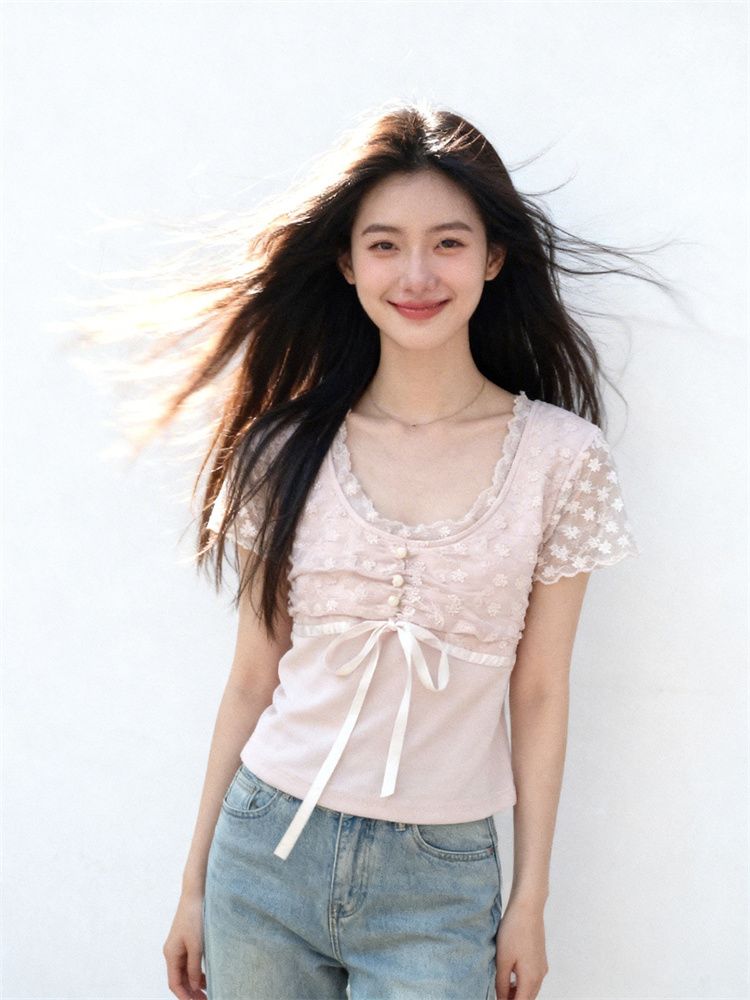 1 1 모달 부드러운 핑크색 레이스 조각 티셔츠 여성 여름 디자인 펌프 Pleat 레이스업 허리 수축 슬림해 보이는 달콤한 자매 맨위