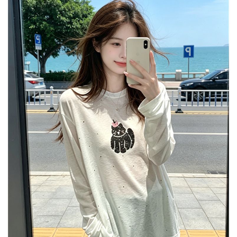 라이 경기 서울 고양이 프린트 핫픽스 도루 가을 센스 여름 마이크로 ~을 통해 긴팔 자외선 차단 블라우스 티셔츠 루즈핏 느긋한 맨위