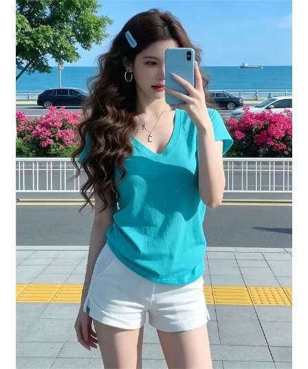 신화 왕 순면 눈꽃 면 여름 새로운 V넥 핫걸 순수한 욕망 파란색 긍정적 인 어깨 반팔 티셔츠 여성 셔츠