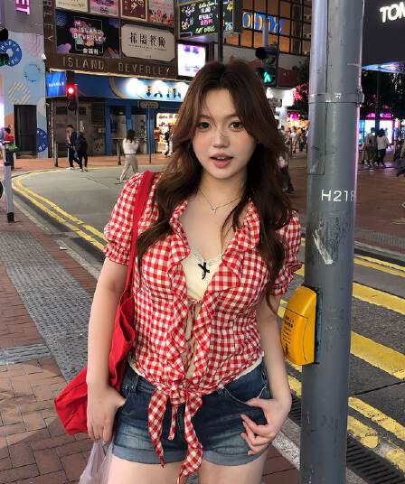 아메리칸 바람 체크무늬 밑단 레이스업 여성 셔츠 여름 새로운 표지 고기 슬림해 보이는 작은 대중 디자인 맨위