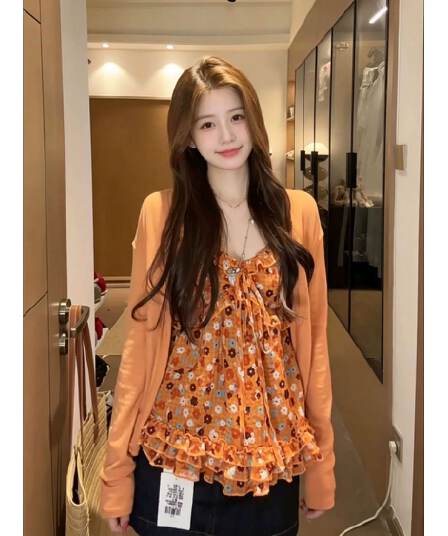 디자인 센스 프릴 꽃무늬 조끼 슬립 여성 의류 여름 2026 새로운 V넥 레이스업 허리 수축 슬림해 보이는 맨위