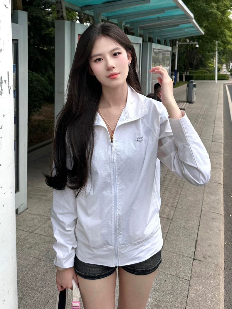원본 솜씨 원본 천 좋은 품질 여름 새로운 스탠드 칼라 화이트 자외선 차단 의류 여성 통기성 재킷