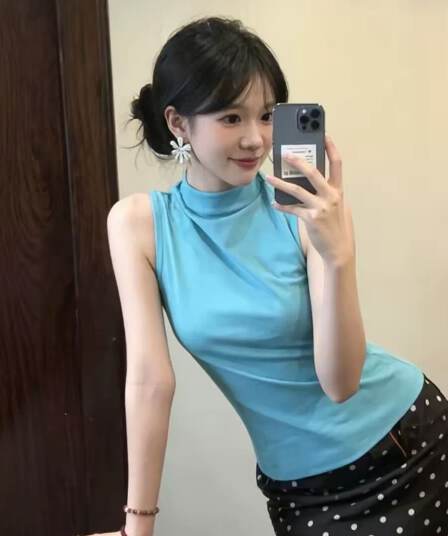 40 면 1 1 오스트리아 세대 서울 220 그램 고급 센스 파란색 반하이넥 작은 대중 민소매 조끼 여성