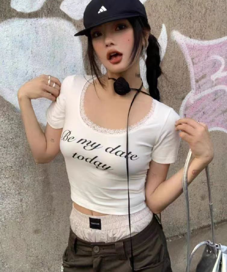 40 순면 리브 92 면 8 암모니아 Lun 여성 여름 새로운 알파벳 프린트 레이스 측면