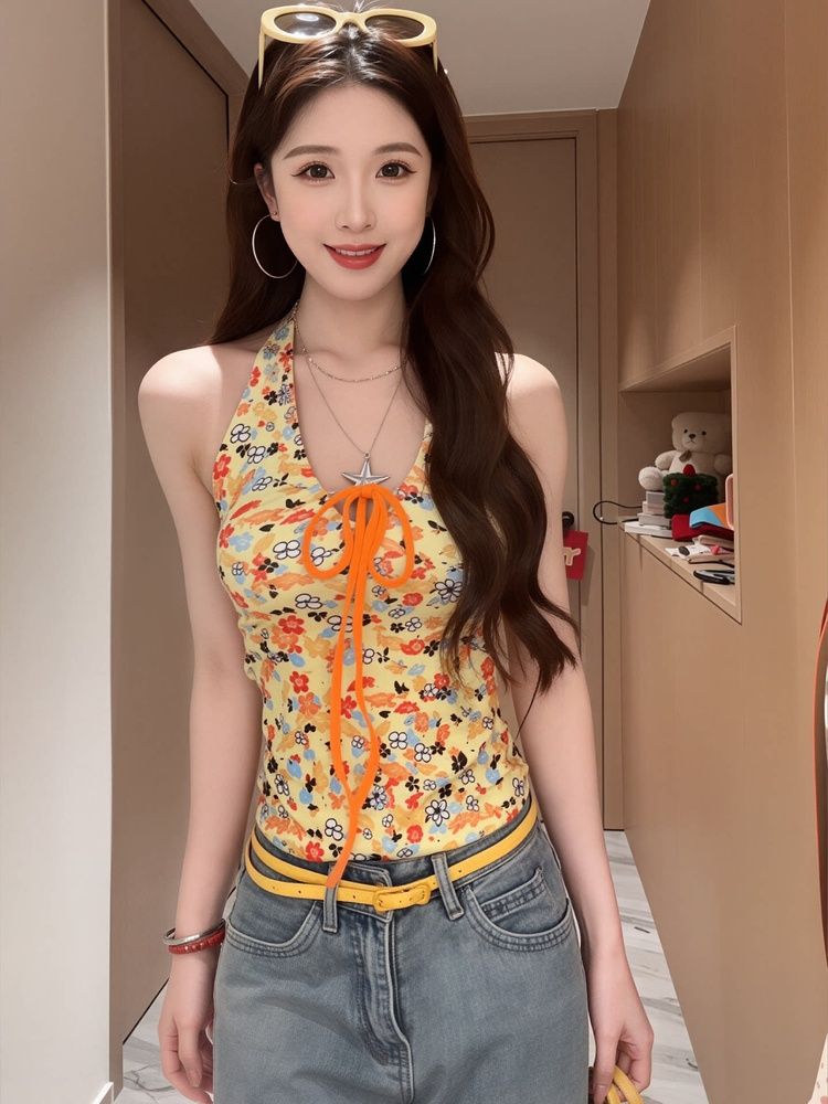 1 1 차가운 실크 코튼 달콤한 매운맛 바람 꽃무늬 행침 목 캐미솔 여름 작은 대중 몸매 가꾸기 슬림해 보이는 외출용 백리스 티셔츠