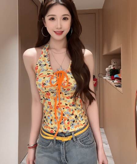 1 1 차가운 실크 코튼 달콤한 매운맛 바람 꽃무늬 행침 목 캐미솔 여름 작은 대중 몸매 가꾸기 슬림해 보이는 외출용 백리스 티셔츠