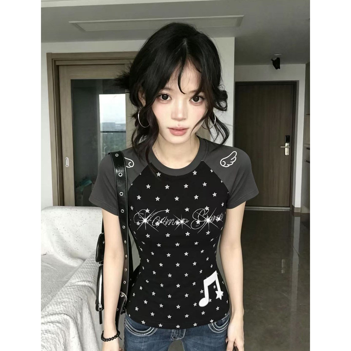 40 순면 210 그램 핫픽스 전체 인쇄 날개 쇼트 스타일 여름 새로운 긍정적 인 어깨 슬림해 보이는 다용도 맨위