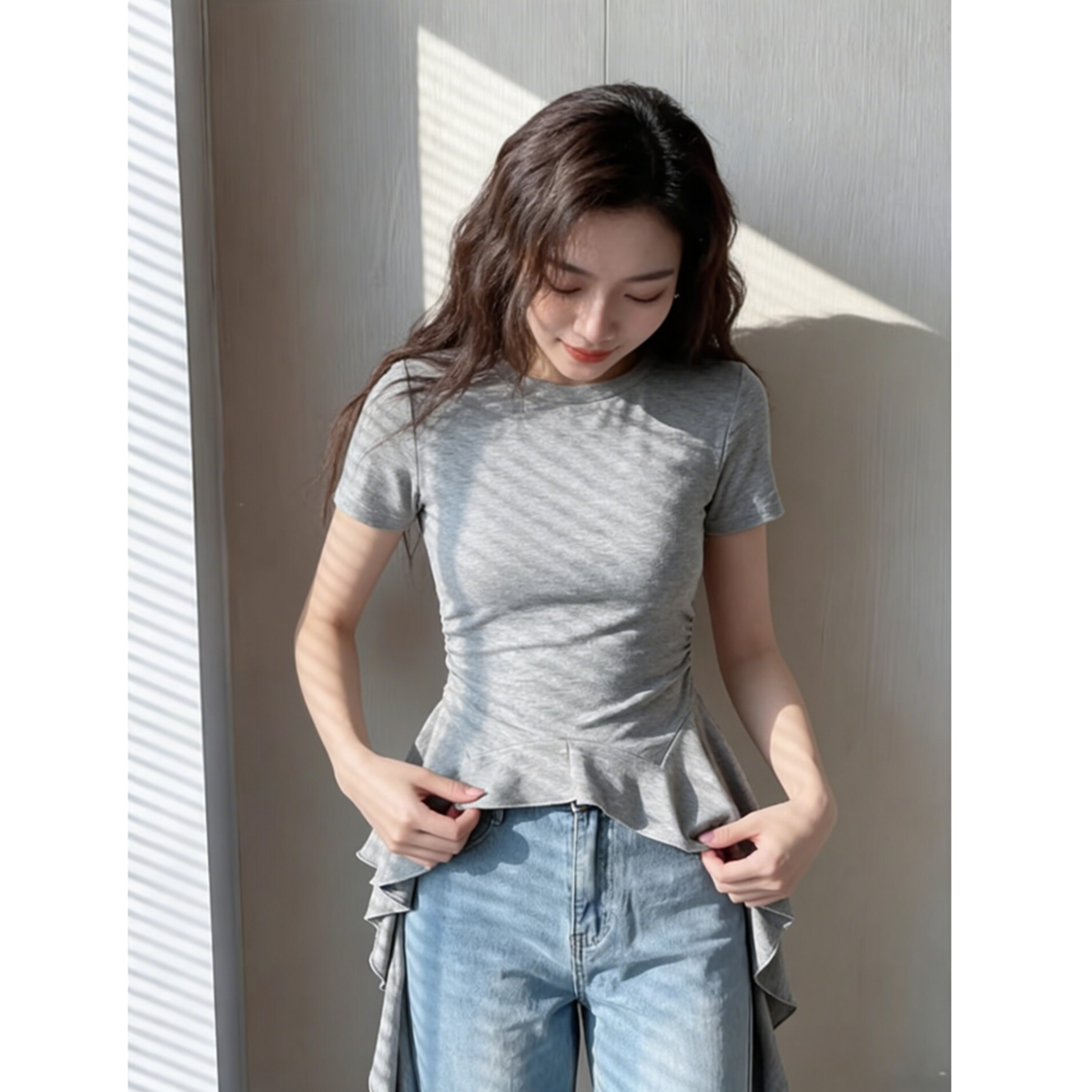 210 그램 순면 리브 92 면 8 암모니아 Lun 불규칙 프릴 반팔 티셔츠 여성 여름 디자인 센스 맨위