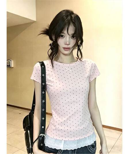한 부서 레트로 레이스 도트 무늬 반팔 티셔츠 여성 여름 새로운 작은 대중 디자인 센스 몸매 가꾸기 슬림해 보이는 다용도 맨위