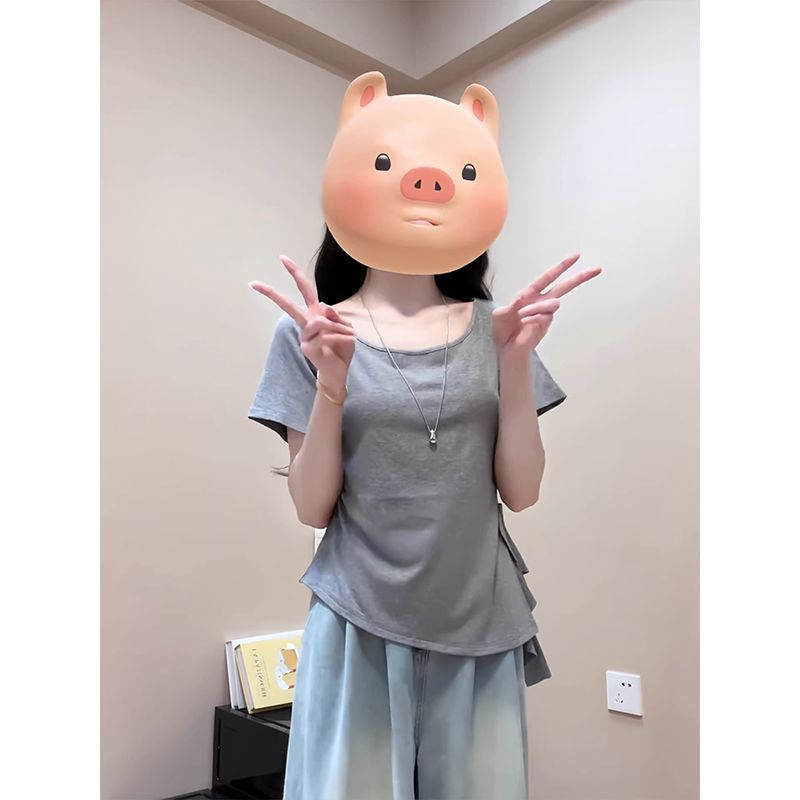 좋은 면 순수한 욕망 바람 프릴 펌프 로프 허리 수축 반팔 티셔츠 여성 ins 여름 새로운 몸매 가꾸기 슬림해 보이는 다용도 맨위