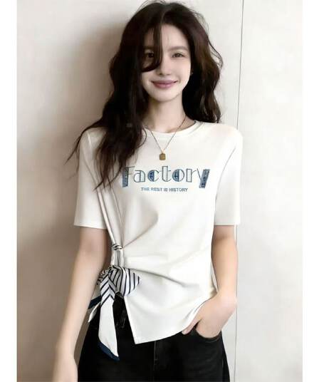 92 면 8 암모니아 Lun 디자인 센스 레이스업 티셔츠 알파벳 자수 Chic 스트라이프 나비 매듭 쇼트 스타일 연령 감소 맨위