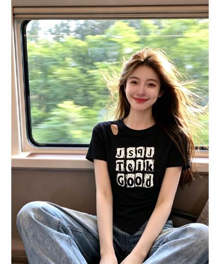 40s 모방 면 1x1 리브 패션 디자인 홀로우 아웃 라운드 넥 긍정적 인 어깨 반팔 티셔츠 여성 여름 새로운 슬림해 보이는 맨위