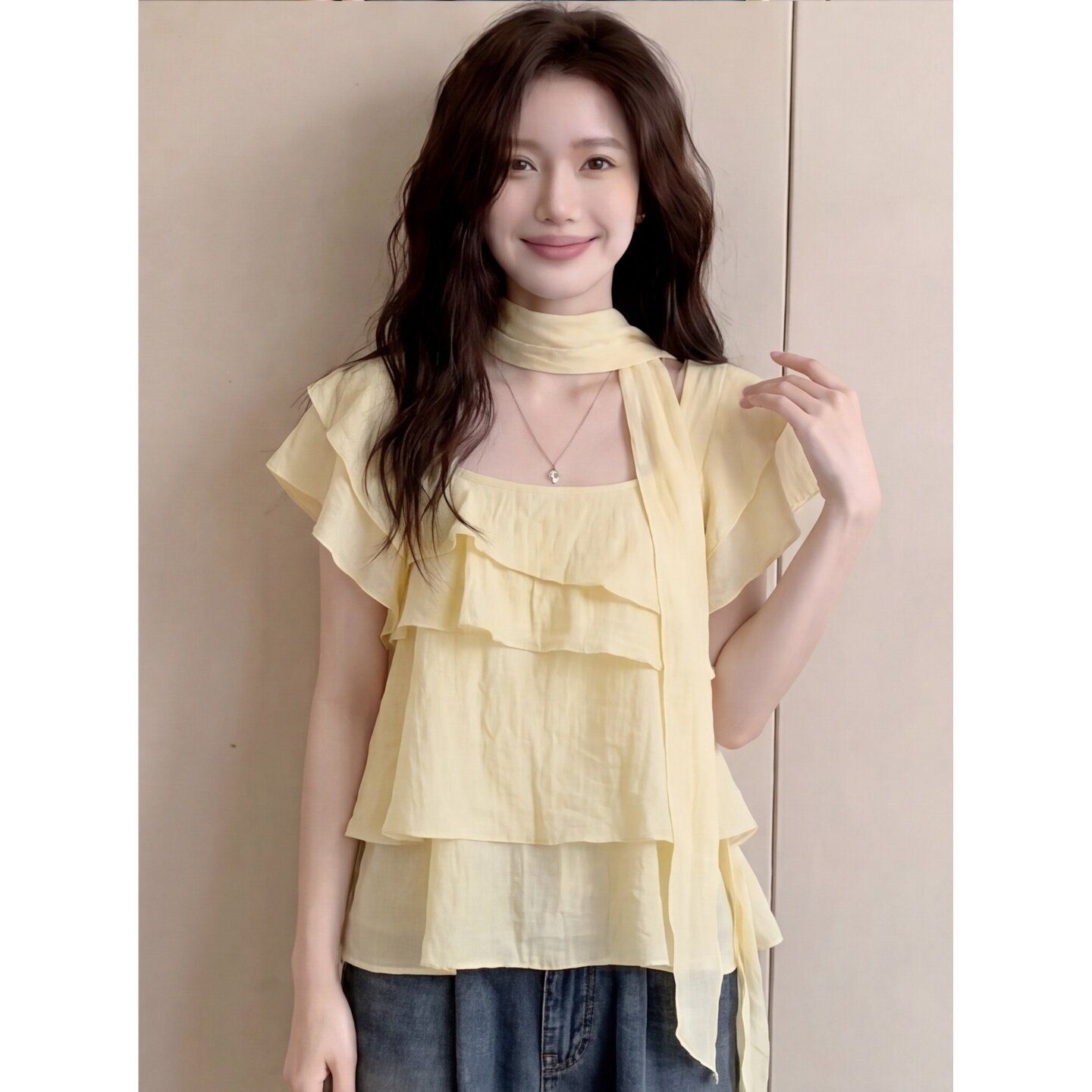 황색 도파민 프릴 광장 칼라 Feifei 소매 여성 셔츠 여름 새로운 불규칙 외국 가스 연령 감소 인형 셔츠