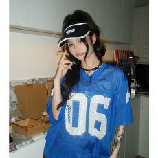 批发球衣<b class='q'>街头</b>复古美式球服短袖t恤男女夏季蓝色字母印花大网眼