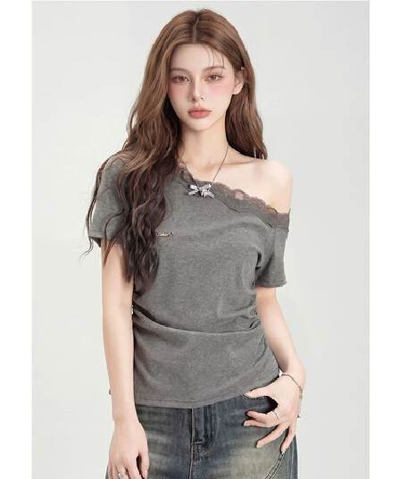 원본 품질 레이스 오프숄더 반팔 티셔츠 여성 여름 몸매 가꾸기 슬림해 보이는 맨위