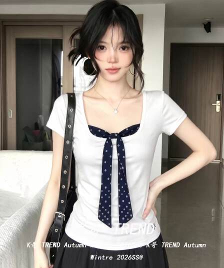 40 면 1 1 오스트리아 세대 서울 220 그램 화이트 나비 매듭 도트 무늬 페이크 레이어드 반팔 티셔츠 여성
