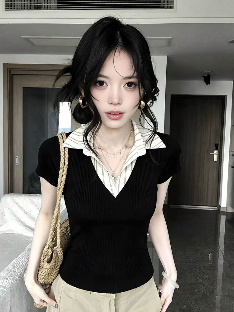 210 그램 40 좋은 면 2 2 한 부서 달콤한 차가운 바람 POLO 칼라 페이크 레이어드 긍정적 인 어깨 반팔 티셔츠 여성 여름 맨위