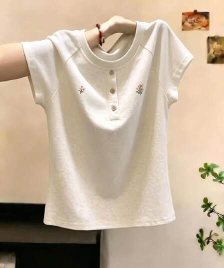 210 그램 40 면 아메리칸 레트로 자수 화이트 긍정적 인 어깨 반팔 티셔츠 여성 여름 몸매 가꾸기 슬림해 보이는 허리 수축 쇼트 스타일
