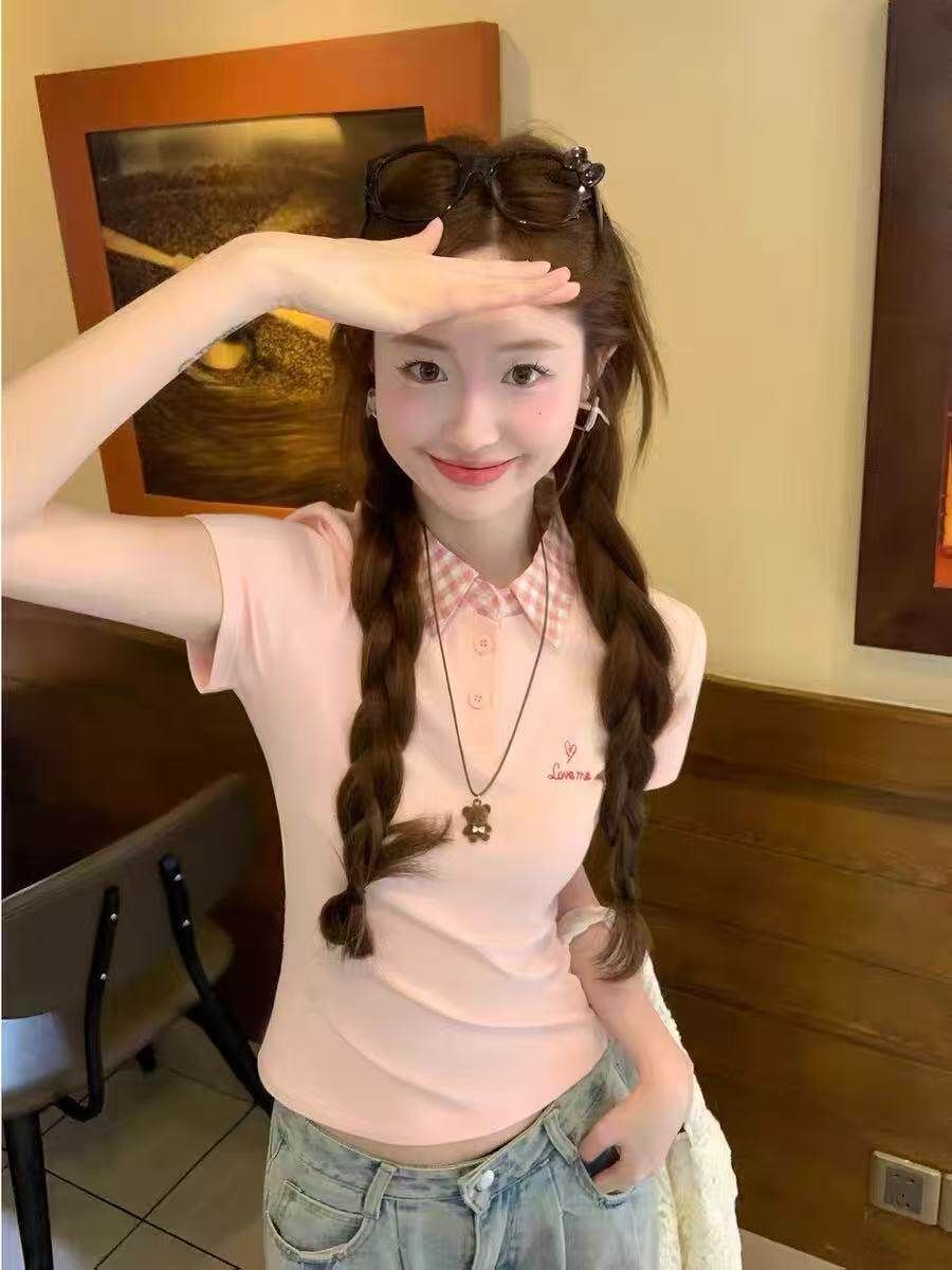 40 92 면 8 암모니아 Lun 한 부서 달콤함 핑크색 POLO 칼라 반팔 티셔츠 여성 여름 새로운 체크무늬 패치워크