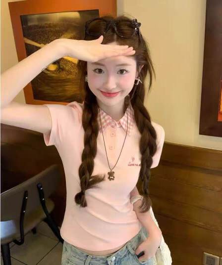 40 92 면 8 암모니아 Lun 한 부서 달콤함 핑크색 POLO 칼라 반팔 티셔츠 여성 여름 새로운 체크무늬 패치워크