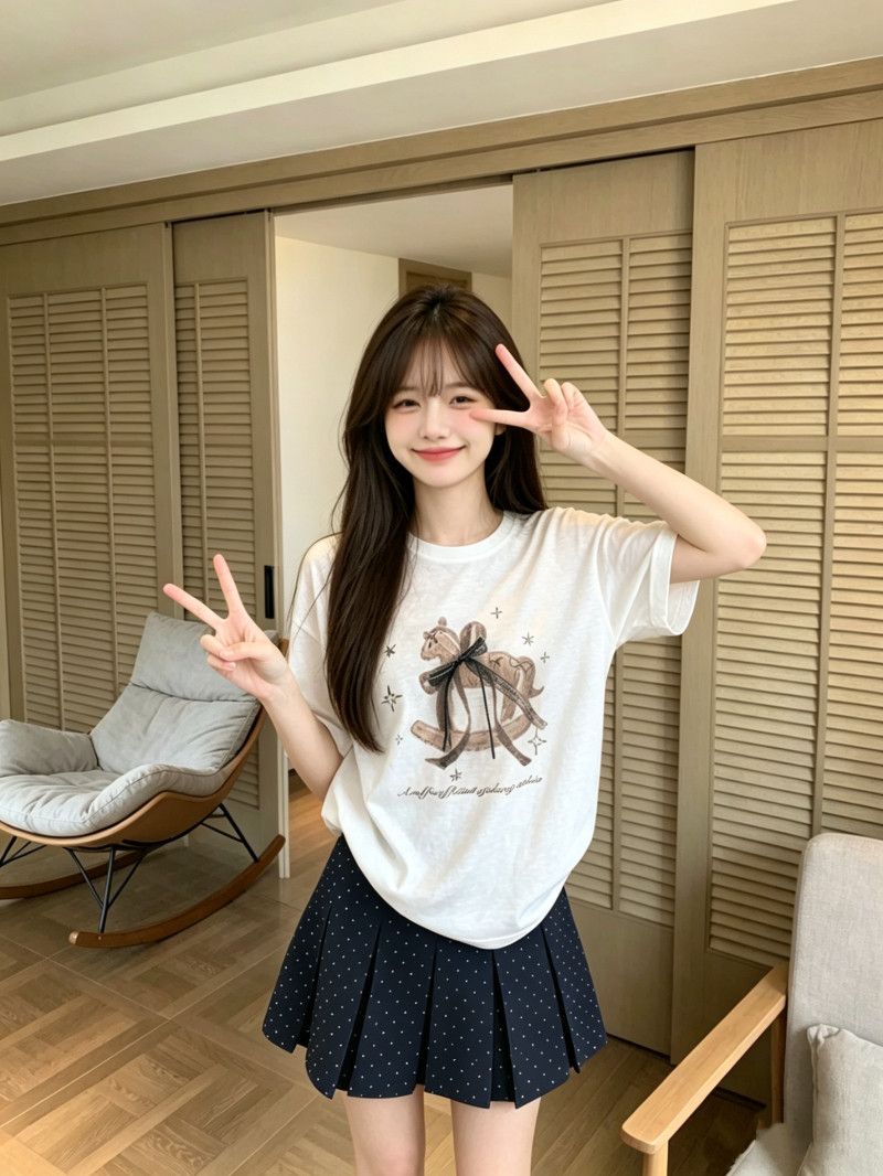 라이 경기 서울 눈꽃 달콤함 나비 매듭 트로이 목마 프린트 반팔 티셔츠 여름 루즈핏 슬림해 보이는 화이트 소녀 맨위
