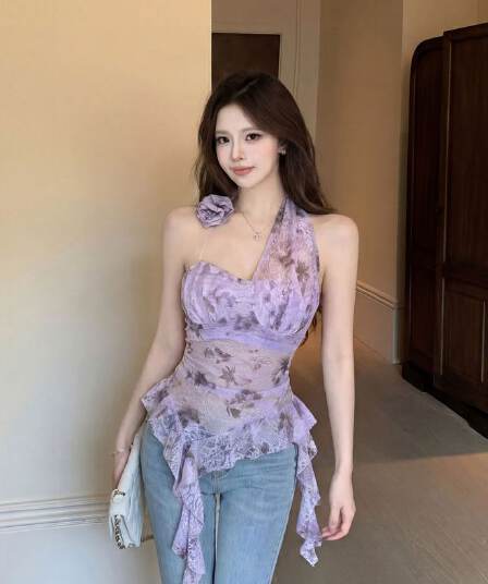 불규칙 3 차원 꽃 백리스 행침 목 조끼 여성 여름 민소매 외출용 핫걸 섹시함 몸매 가꾸기 보라색 맨위