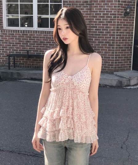 원본 품질 도트 무늬 케이크 연꽃 잎 레이스 캐미솔 여름 층 디자인 센스 소녀 첨부 된 의류