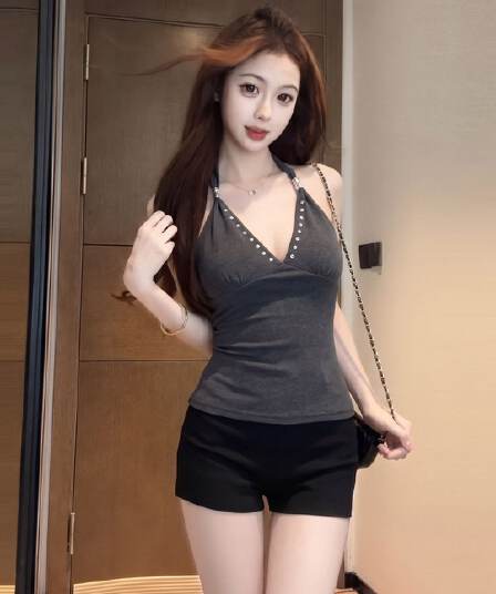 양모 회색 순수한 욕망 V넥 행침 목 슬립 수 있습니다. 조정 여성 여름 핫걸 몸매 가꾸기 슬림해 보이는 섹시함 허리 수축 조끼