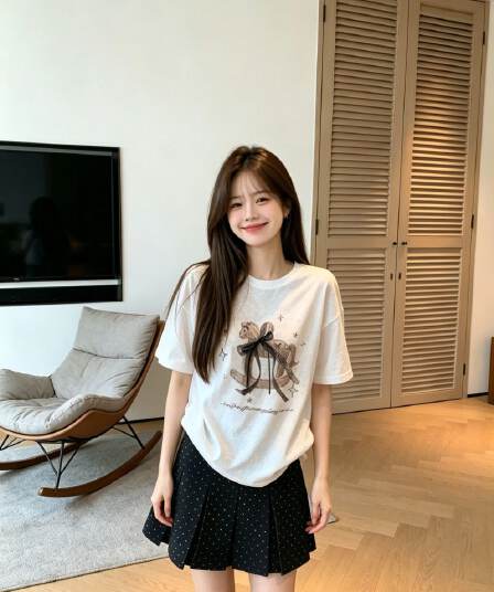 라이 경기 서울 눈꽃 달콤함 나비 매듭 트로이 목마 프린트 반팔 티셔츠 여름 루즈핏 슬림해 보이는 화이트 소녀 맨위