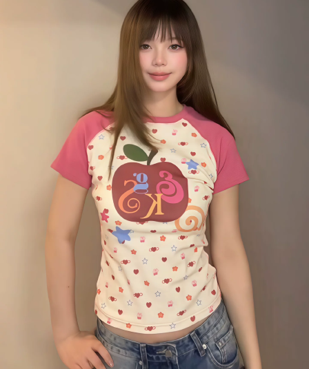 40 차가운 실크 코튼 220 그램 아메리칸 레트로 하트 애플 달콤한 핫걸 반팔 티셔츠 여성