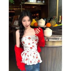 批发甜辣妹碎花露背抹胸背心<b class='q'>女</b>夏季修身收腰无袖外穿短款内搭绝美上衣