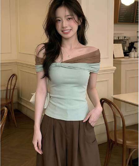 270 그램 1x1 사람들 면 리브 2026 한 스타일 부드러운 오프숄더 배색 티셔츠 여성 여름 슬림해 보이는 다용도 맨위