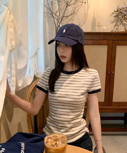 원본 컬러 짜임 기사 90 면 5 폴리에스터 5 암모니아 Lun 스트라이프 정원 칼라 긍정적 인 어깨 반팔 티셔츠 여성 아모이 다용도 맨위
