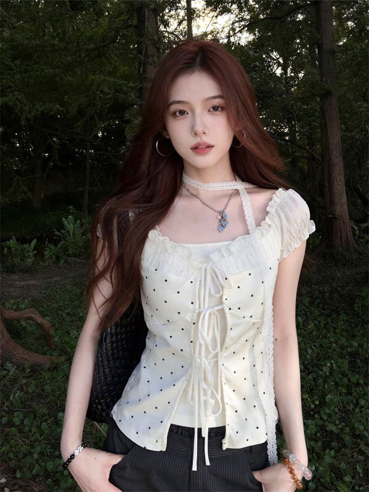 210 그램 40 순면 달콤한 스타일 레이스 조각 도트 무늬 오프숄더 티셔츠 여성 여름 핫걸 페이크 레이어드 맨위