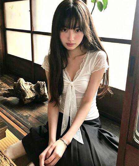 1 1 와 사고 방식 V넥 레이스 조각 반팔 티셔츠 여성 여름 화이트 나비 넥타이 페이크 레이어드 슬림해 보이는 맨위