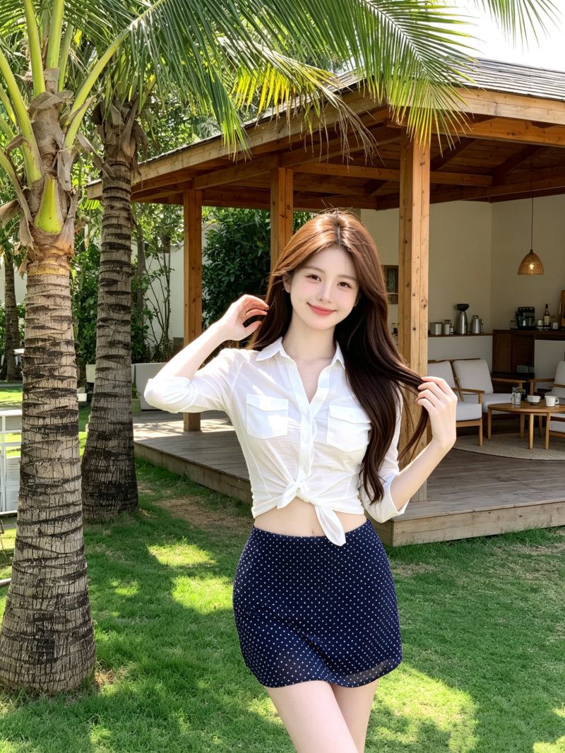 순면 대나무 마디 빛 요리 한 바람 화이트 매듭이 달린 poio 칼라 셔츠 여성 의류 여름 섹시함 도트 무늬 타이트 스커트 투피스 세트